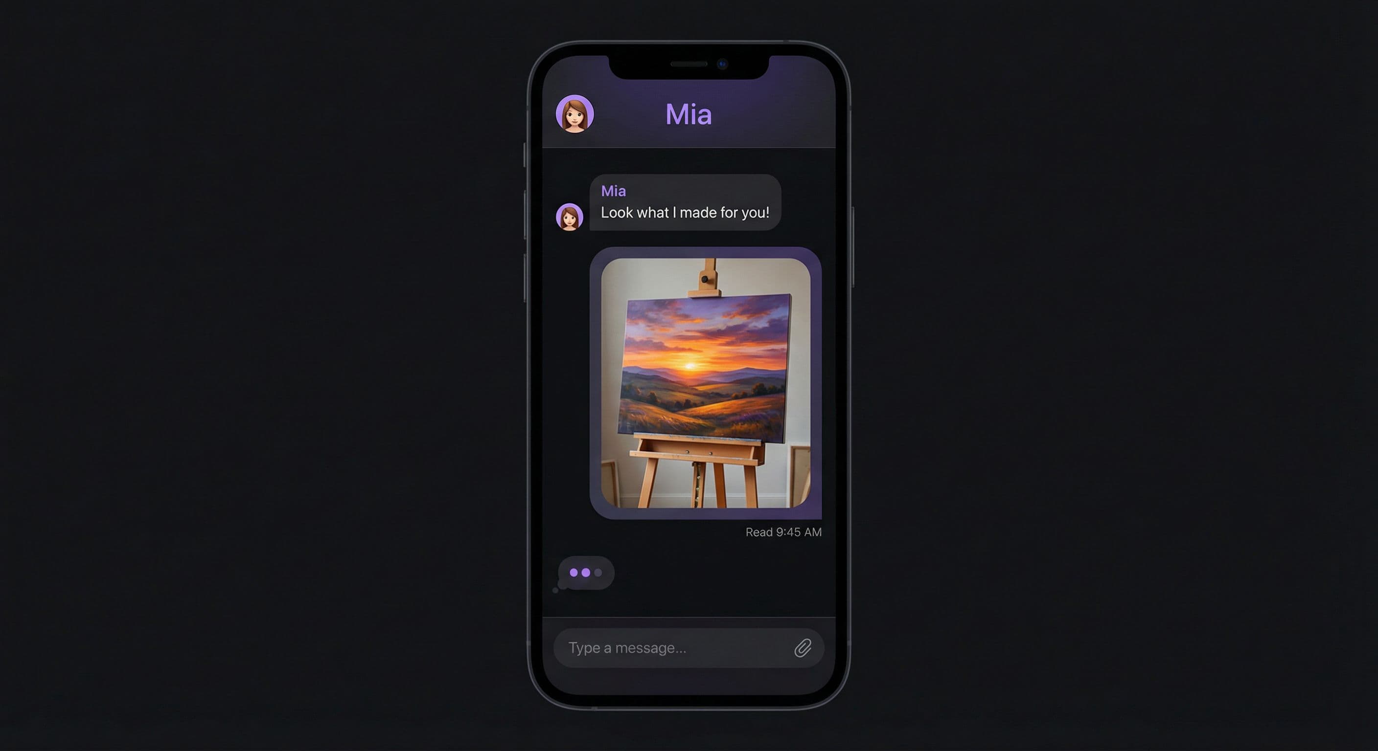 AI character Mia sending a photo of a sunset painting she created during a chat conversation